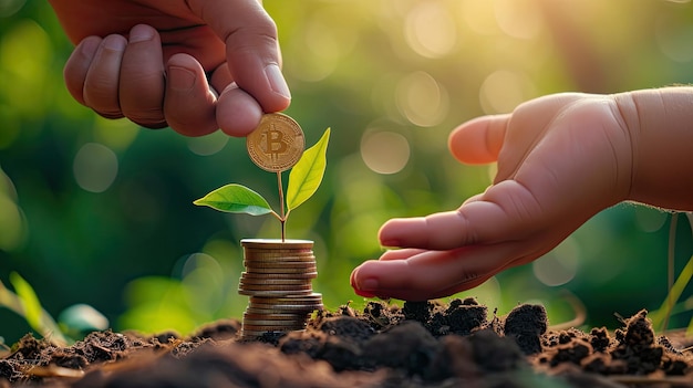 Fathers day concept Hand of father give one coin with small plant into stacks