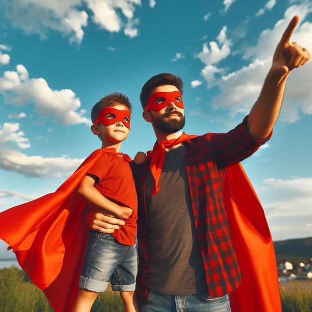 Fathers Day father and son pretending to be superheroes People having fun together