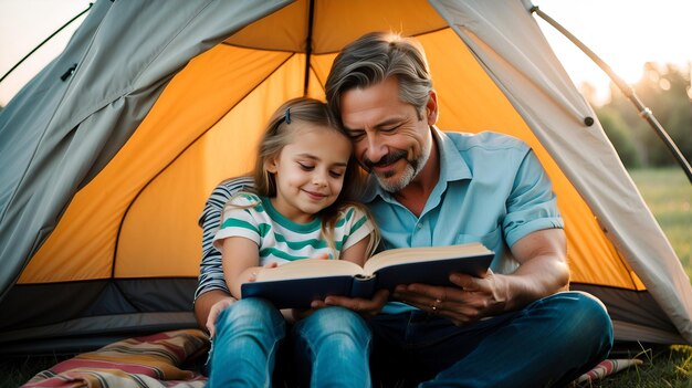 Fathers Day happy family father and child daughter reading a book in tent at home