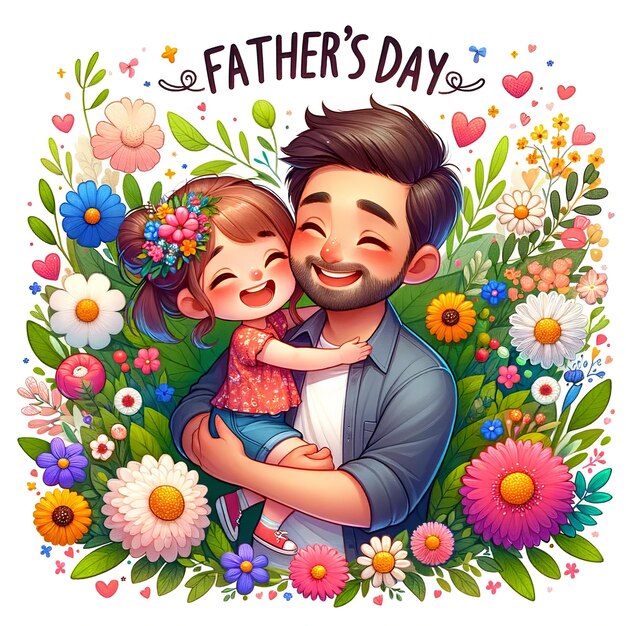 Fathers Day Illustration of father with her daughter hugging each other flower background