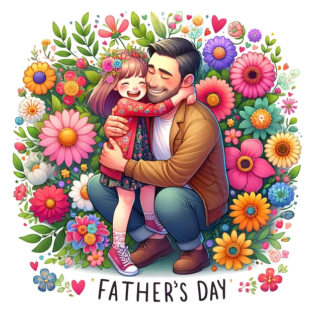 Fathers Day Illustration of father with her daughter hugging each other flower background