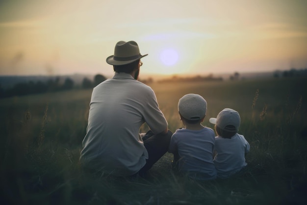День отца Родители и маленькие дети сидят на траве на открытом воздухе, вид сзади