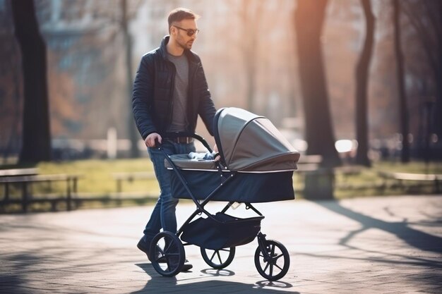 Fathers day Parent pushing a baby carriage in the park Young man walking with his kid