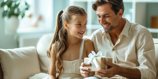 Fathers Day Surprise Daughter Presents Gift in Bright Airy Living Room