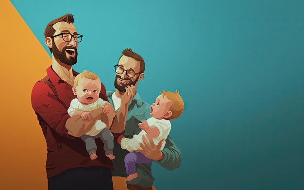 fathers holding baby in the style of aggressive digital illustration