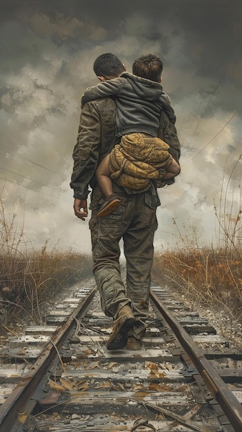 A Fathers Strong Embrace as He Carries His Tired Baby