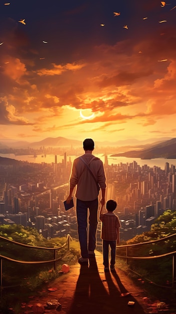 Foto padre e figlio legati al crepuscolo una silhouette rinfrescante contro l'orizzonte della città