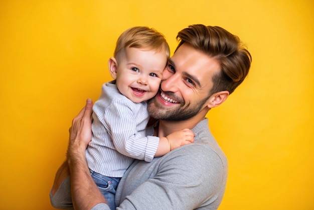 Foto fatherson connessione primo piano isolato sfondo giallo studio girato momento giocoso