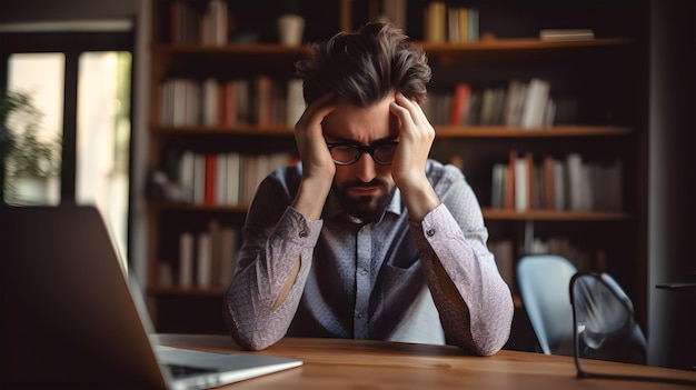 Fatigue of freelance work Complex project documentation Man is bored and sleepy Busy office employee suffer from chronic dry eye syndrome spending hours in front of laptop Overworked young man