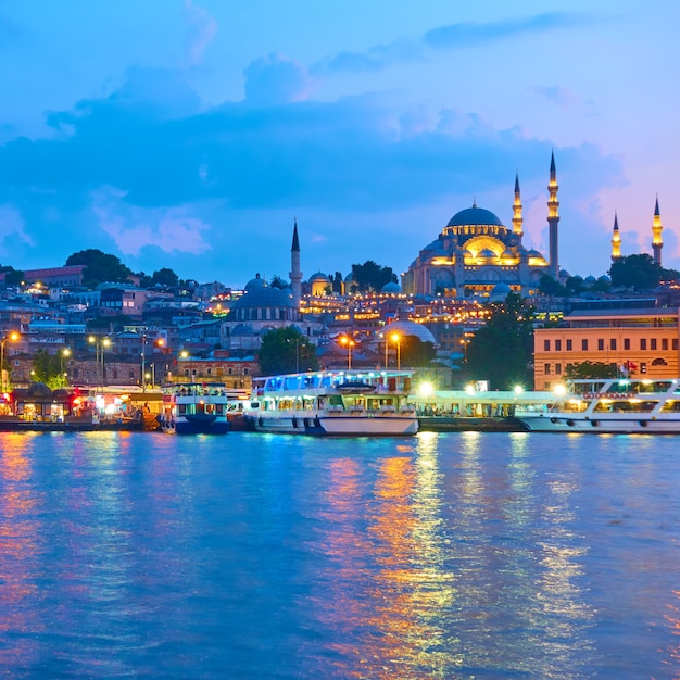 Fatih district with The Suleymaniye Mosque in Istanbul in the evening, Turkey