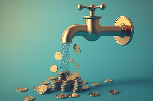 Faucet and coins money falling from faucet blue background AI