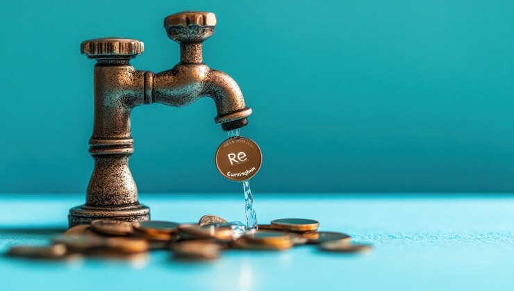 Photo faucet dripping coins financial loss concept