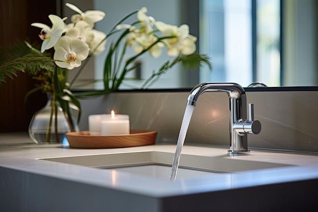 The faucet in the pristine and welllit bathroom produces chilled water