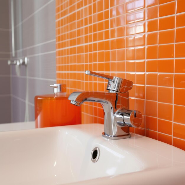 Faucet and sink in modern bathroom with orange tiles generative ai