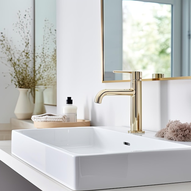 Смеситель и раковина в белой современной ванной крупным планом