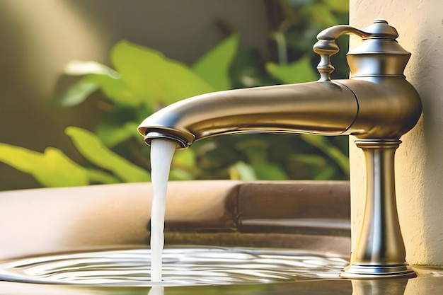 A faucet with a green plant in the background