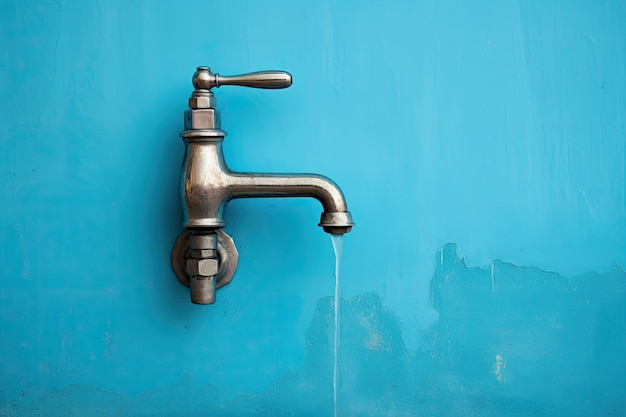 A faucet with running water against a backdrop of a blue color