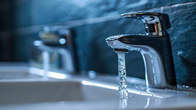 faucet with running water against a dark wall water flows from a faucet in the kitchen closeup