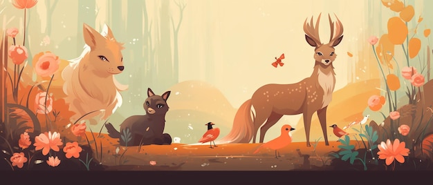 Fauna background with various animals in the forest