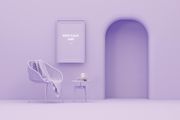 Fauteuil en café boek op paarse achtergrond Blijf kalm en poster concept 3D-rendering