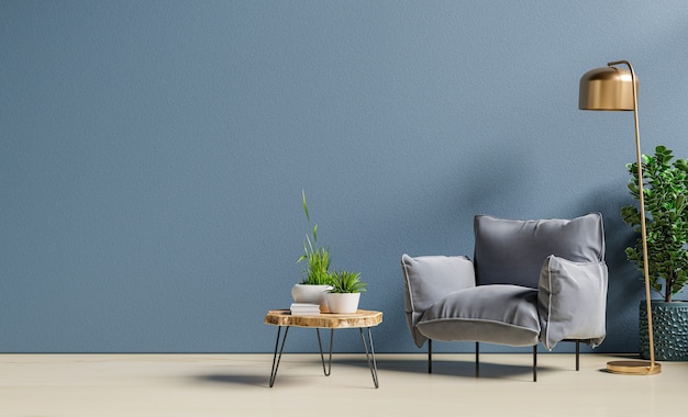 Fauteuil en houten tafel in woonkamer interieur met plant, donkerblauwe wall.3d rendering