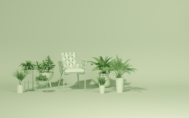 Fauteuil en plant pot concept in groene kleur Lichte achtergrond met kopie ruimte 3D