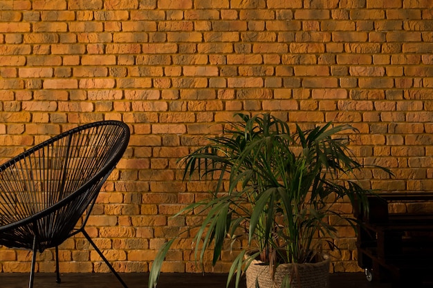 Foto fauteuil in de buurt van de gele bakstenen muur en palmboom in een pot