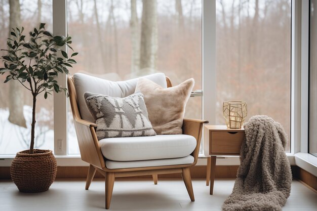 Fauteuil met kussens bij het raam met uitzicht op het winterbos