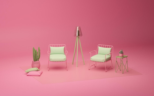 Fauteuil op een roze achtergrond met cactuspot en groene elementen Creatief interieur 3d render