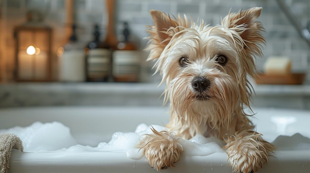 Favoriete huisdier hond badt in het bad Zorg voor een hond thuis Baden van de hond