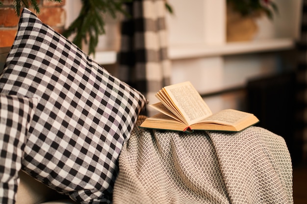 Favoriete knusse bank met geruite kussens om boeken te lezen