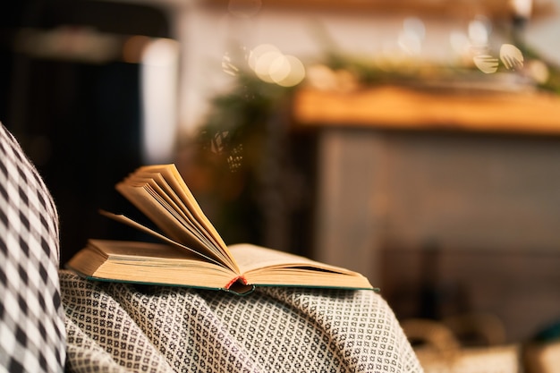 Foto divano accogliente preferito con cuscini a scacchi per leggere libri. una stanza calda e accogliente per la privacy e la lettura tranquilla dei libri.