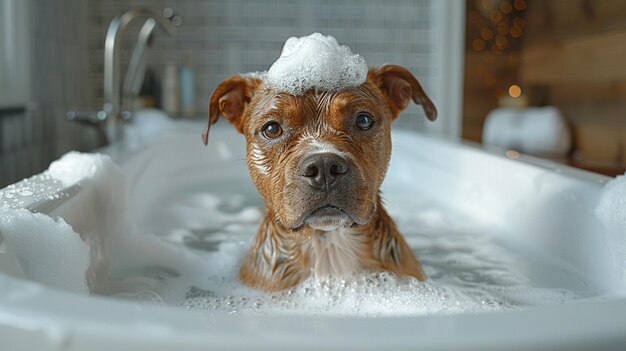 Favorite pet dog bathes in the bath Caring for a dog at home Bathing the dog