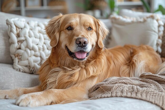 写真 お気に入りのペット犬はリビングのソファに横たわっています家の中で犬を飼うのが困難です