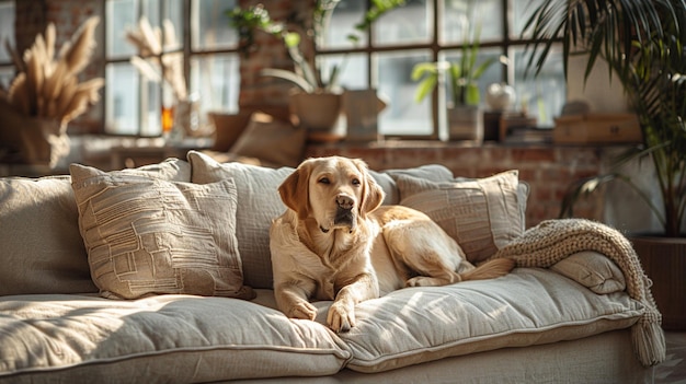 Favorite pet dog lies on the sofa in the living room Difficulties of keeping a dog in the house