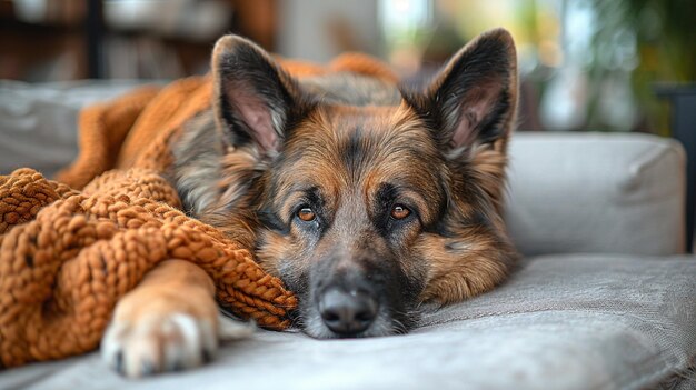 Favorite pet dog lies on the sofa in the living room Pet care