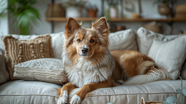 Photo favorite pet dog lies on the sofa in the living room pet care