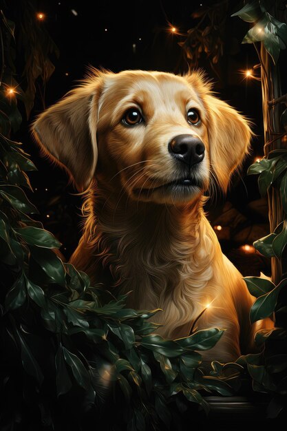 Fawn Dog breed puppy sits by Christmas tree golden retriever in Sporting Group