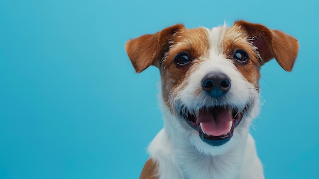 Fawn en witte terrierhond glimlachen voor de camera op blauwe achtergrond