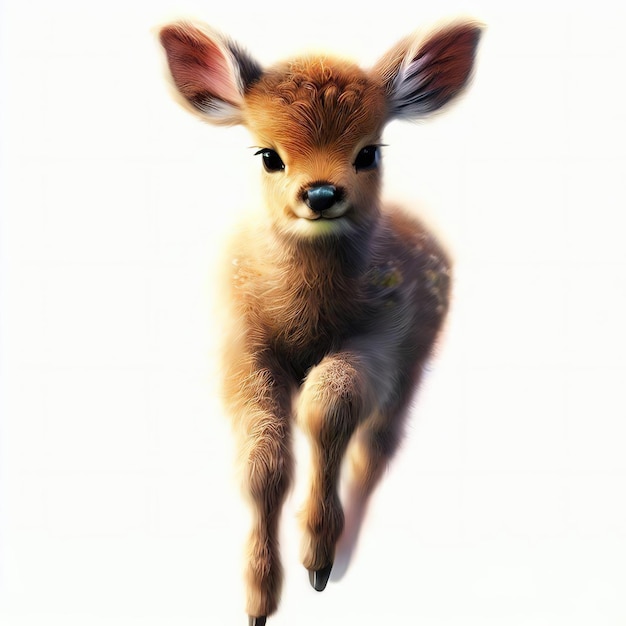 A fawn is running on a white background.