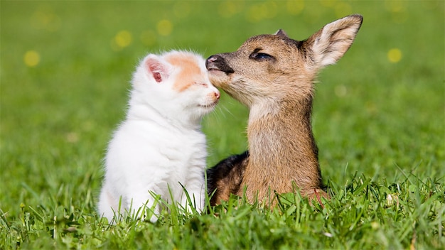 Photo fawn and kitten sitting on grass