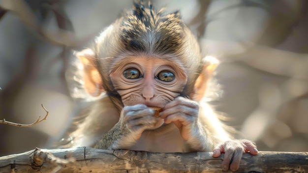 Photo fawn monkey munching on food in jungle tree natural landscape art