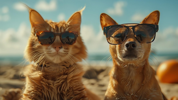 A fawncolored cat and a dog wearing sunglasses and jackets stand together