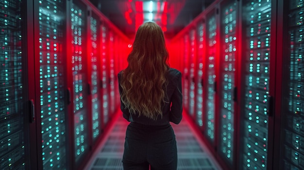 Фото Смелый инженер, стоящий в большой комнате сервера базы данных.