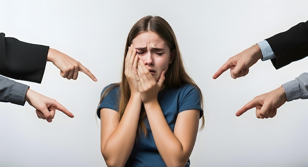 恐怖いじめ女の子を指さす手恐怖悲しみストレスから助けを求めて泣く