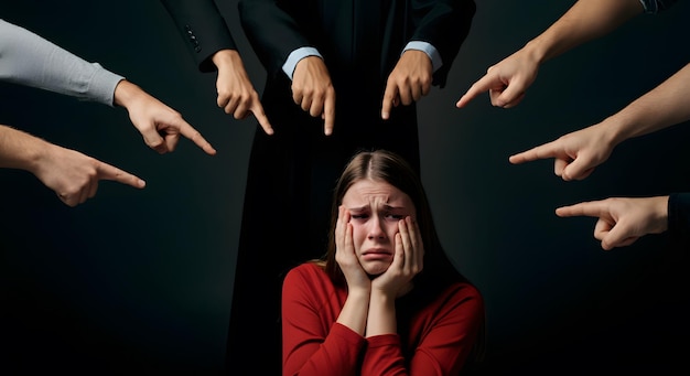 恐怖いじめ女の子を指さす手恐怖悲しみストレスから助けを求めて泣く