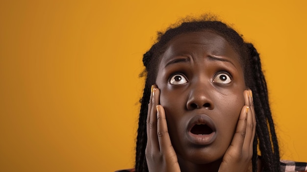 Fearful and Anxious West African Woman Isolated on Solid Background Copy Space Provided