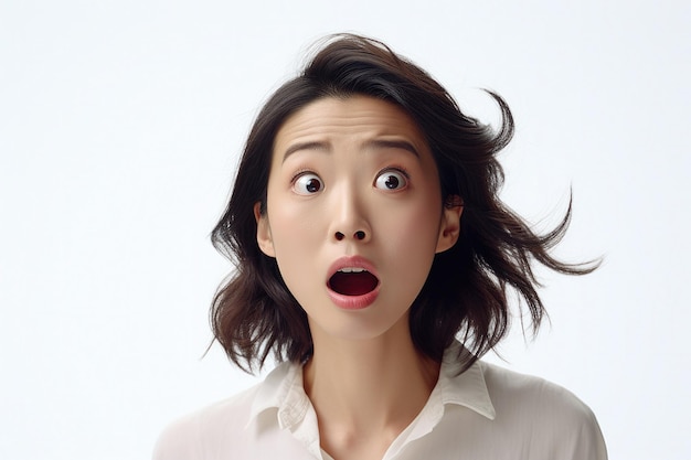 fearful Japanese woman on white background