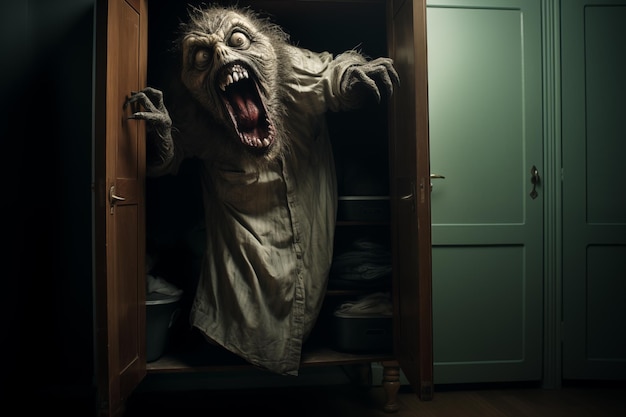 Photo fearful terrible monster hiding inside wardrobe in children room generative ai