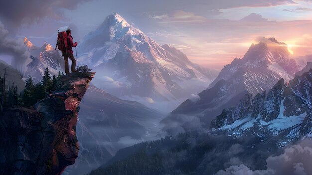 Fearless Adventurer Overlooking Tranquil Valley at Dawn Amidst Majestic SnowCapped Peaks